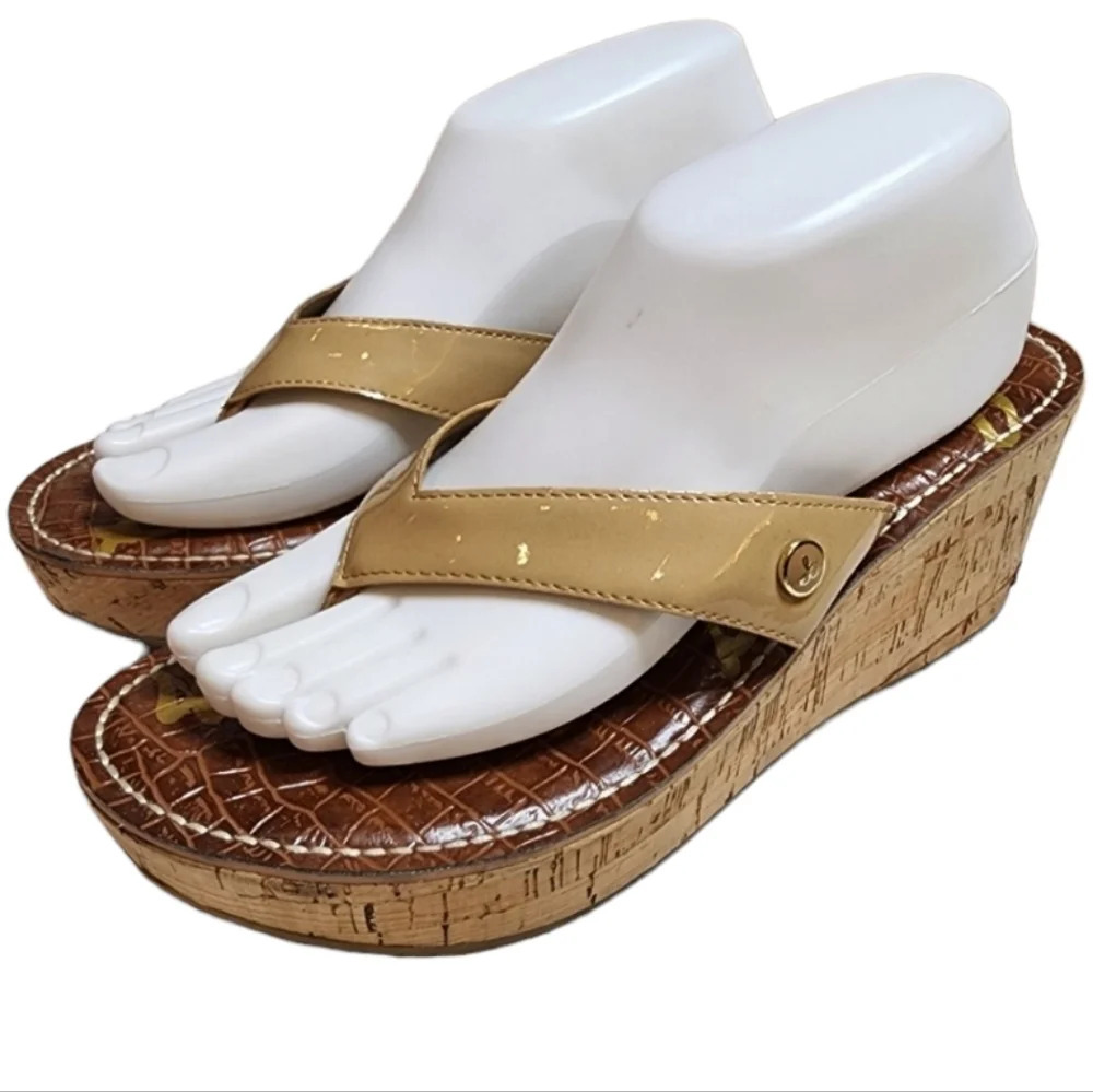 Sam Edelman Romy Tan Cork Wedge Sandals Faux Pantent Leather Women's Size‎ 9.5